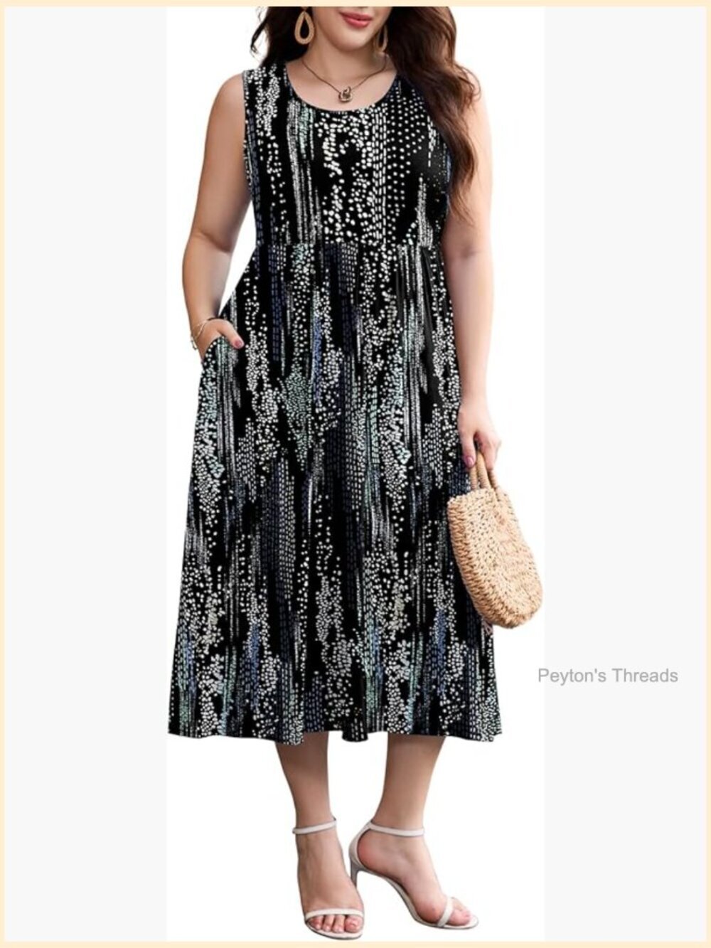 Plus Size Sleeveless Maxi Dress Crew Neck Pleated Flowy with Pockets